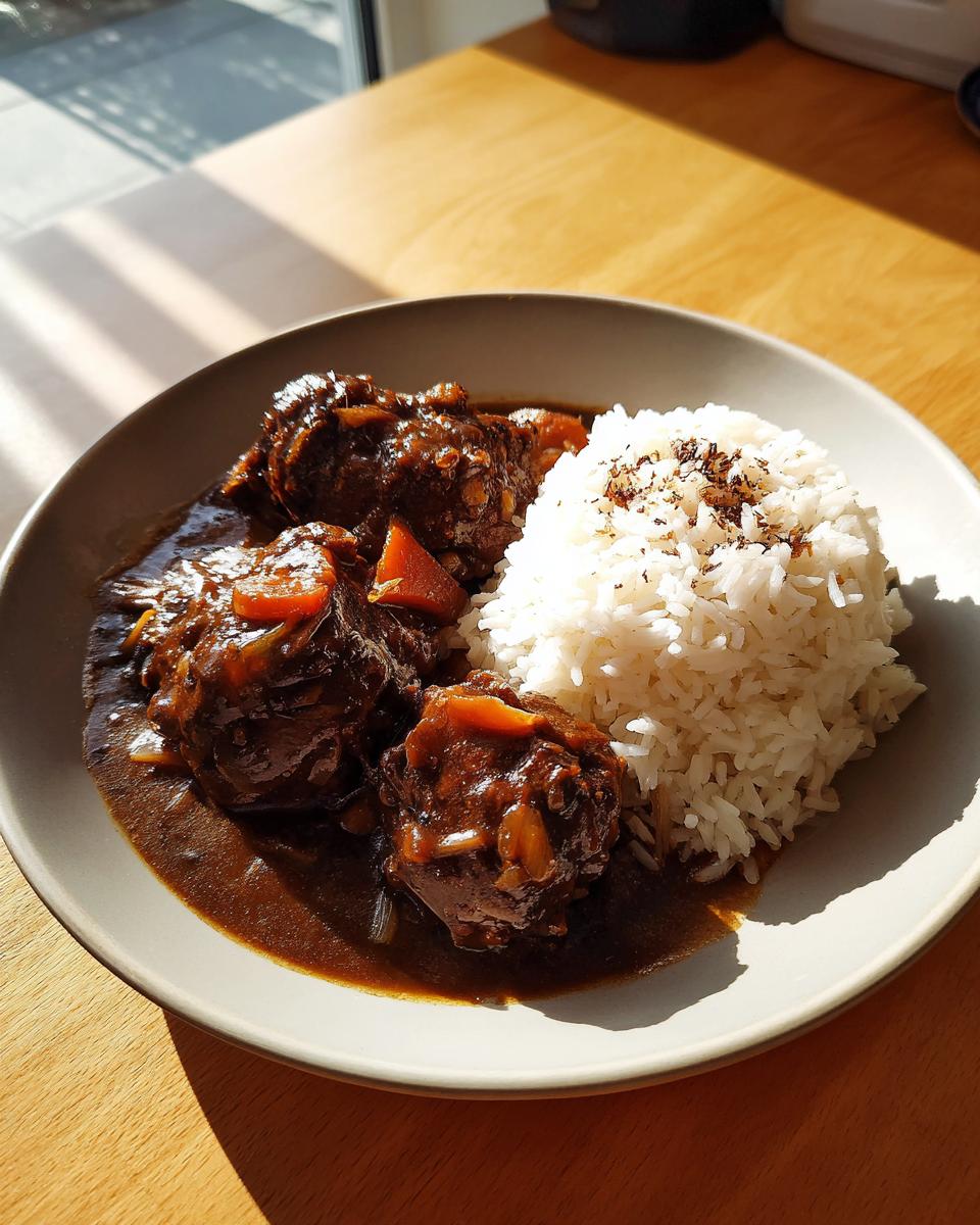 A plate featuring rich brown stew chicken alongside fluffy white rice, served on a wooden table.