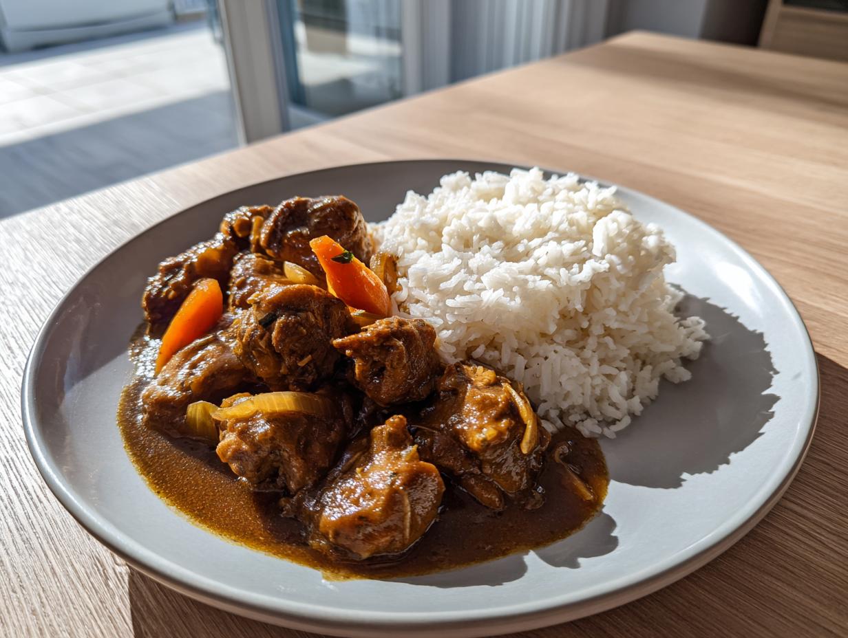 A plate featuring rich brown stew chicken next to a mound of fluffy white rice, served on a wooden table.