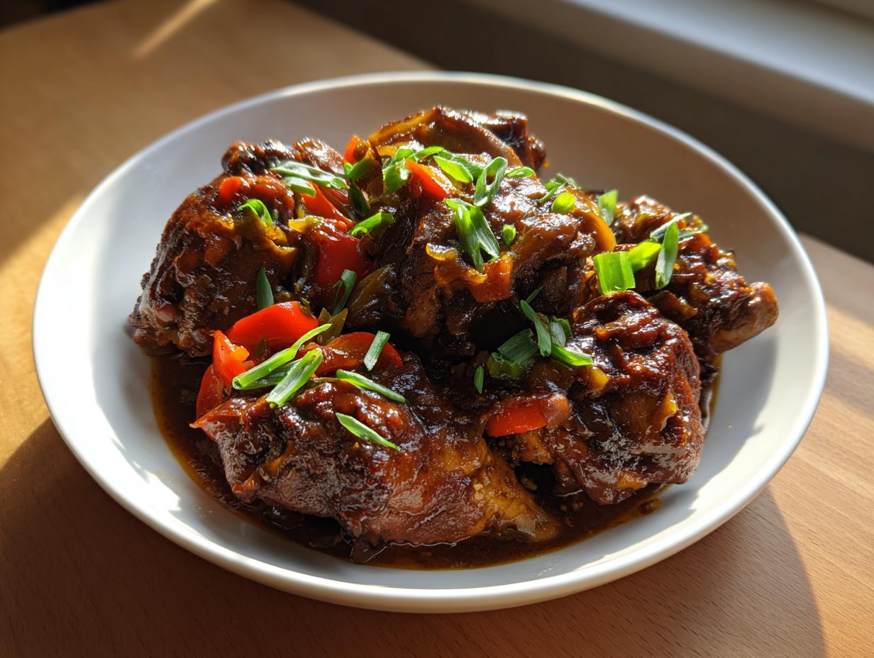 Mouthwatering brown stew chicken jamaican crock pot pieces served in a white bowl, garnished with red peppers and green onions.