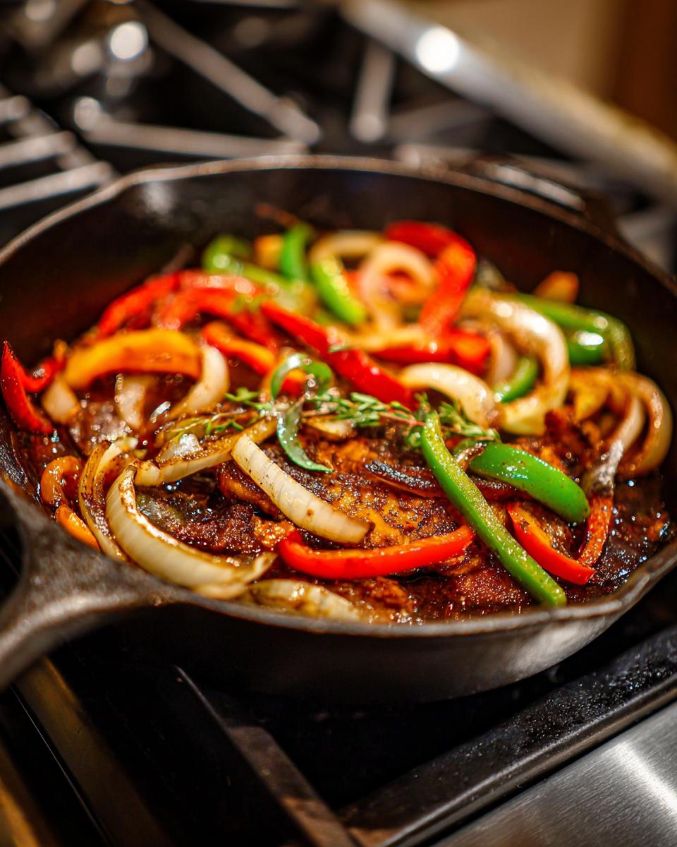 Close-up of brown stew chicken jamaican crock pot topped with sautéed onions and colorful bell peppers.