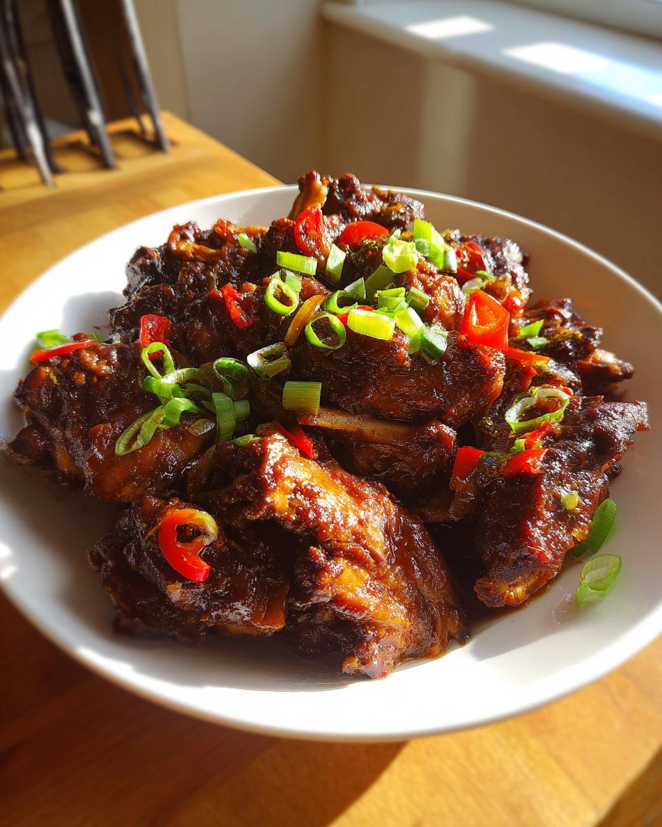 Close-up of rich, dark brown stew chicken jamaican crock pot pieces garnished with green onions and red peppers.