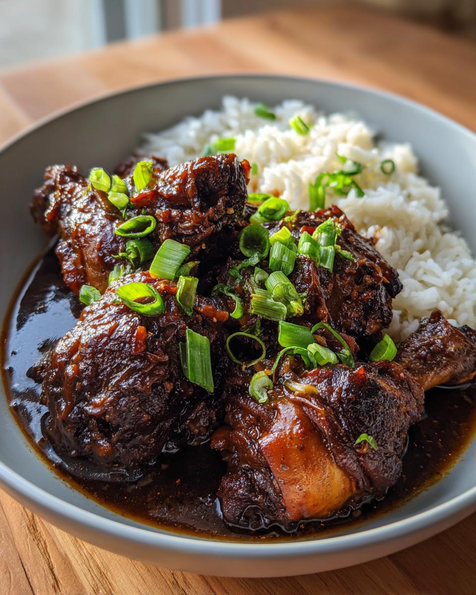 Close-up of rich, dark brown stew chicken Jamaican recipe pieces served in a bowl with white rice and green onions.