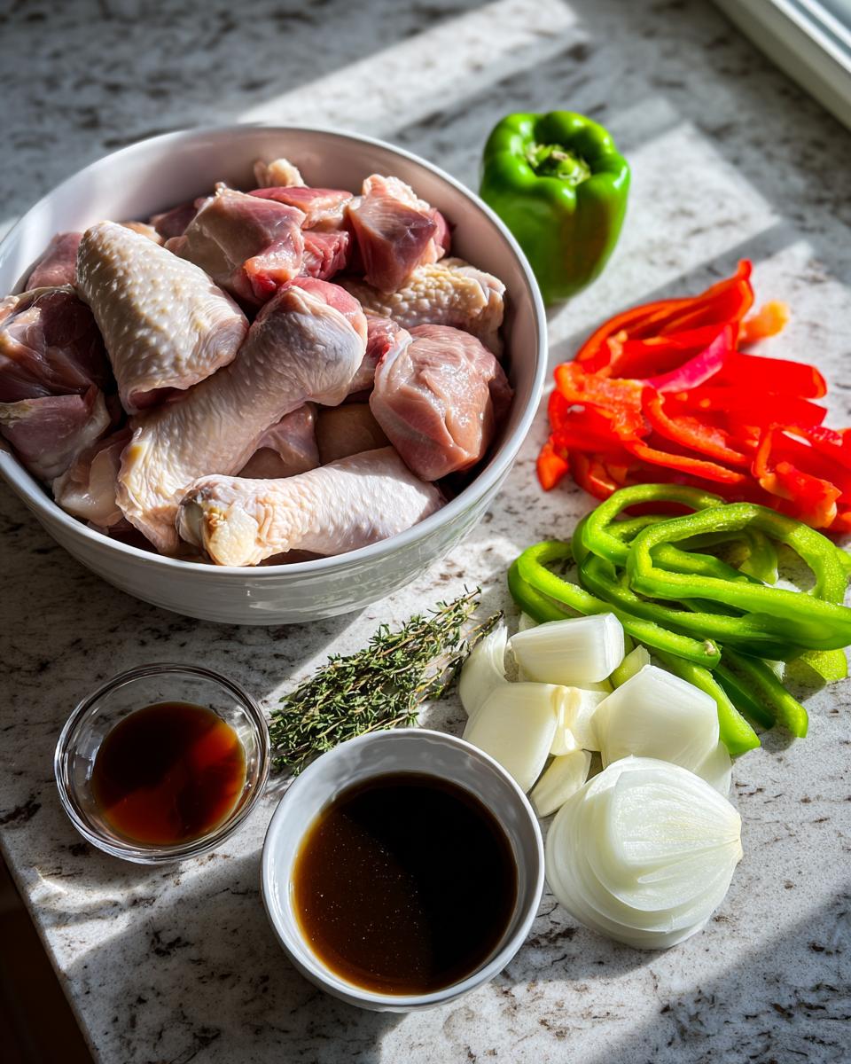Raw chicken pieces, peppers, onions, thyme, and browning sauce ingredients for brown stew chicken jamaican recipe.