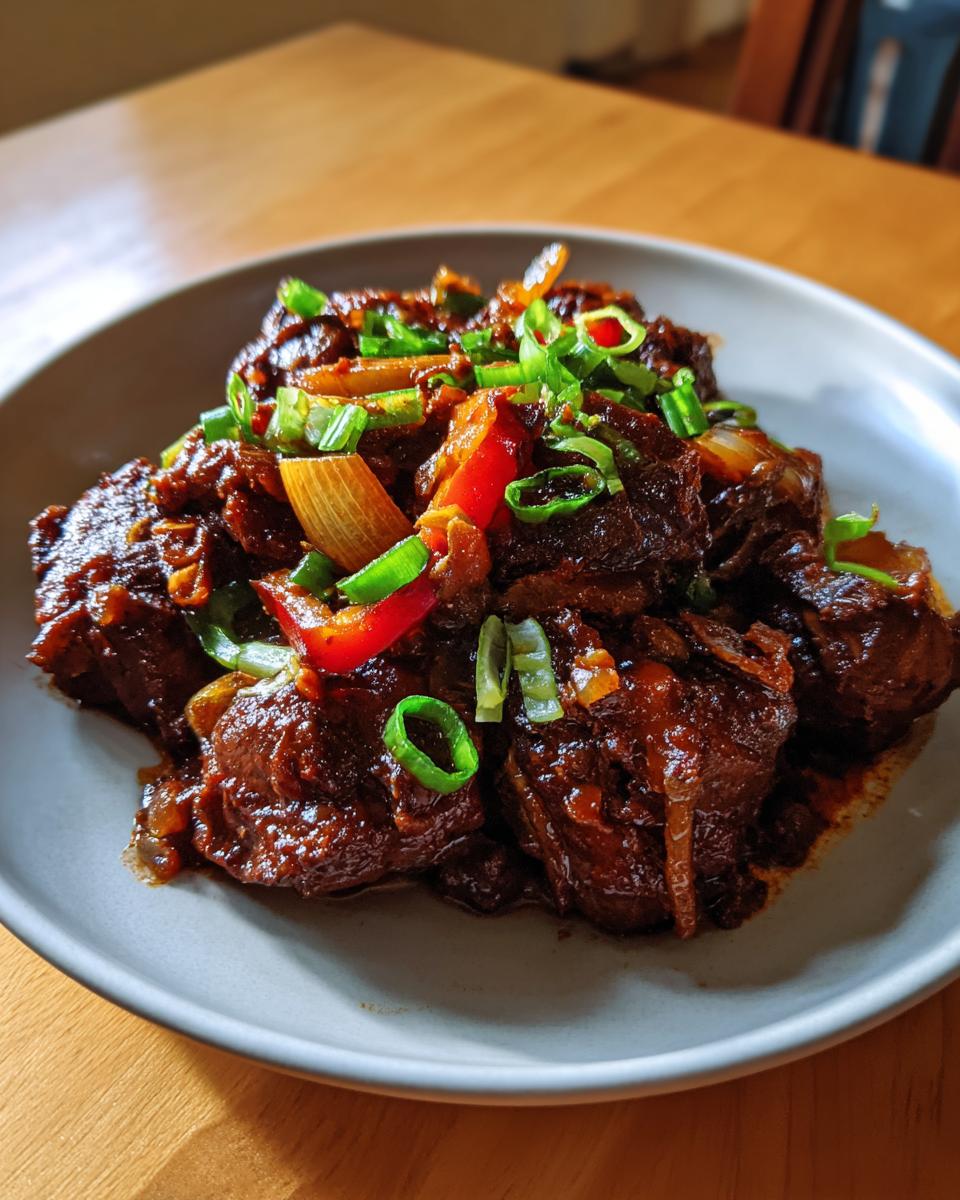 A close-up of rich, dark brown stew chicken jamaican recipe pieces garnished with green onions and peppers.