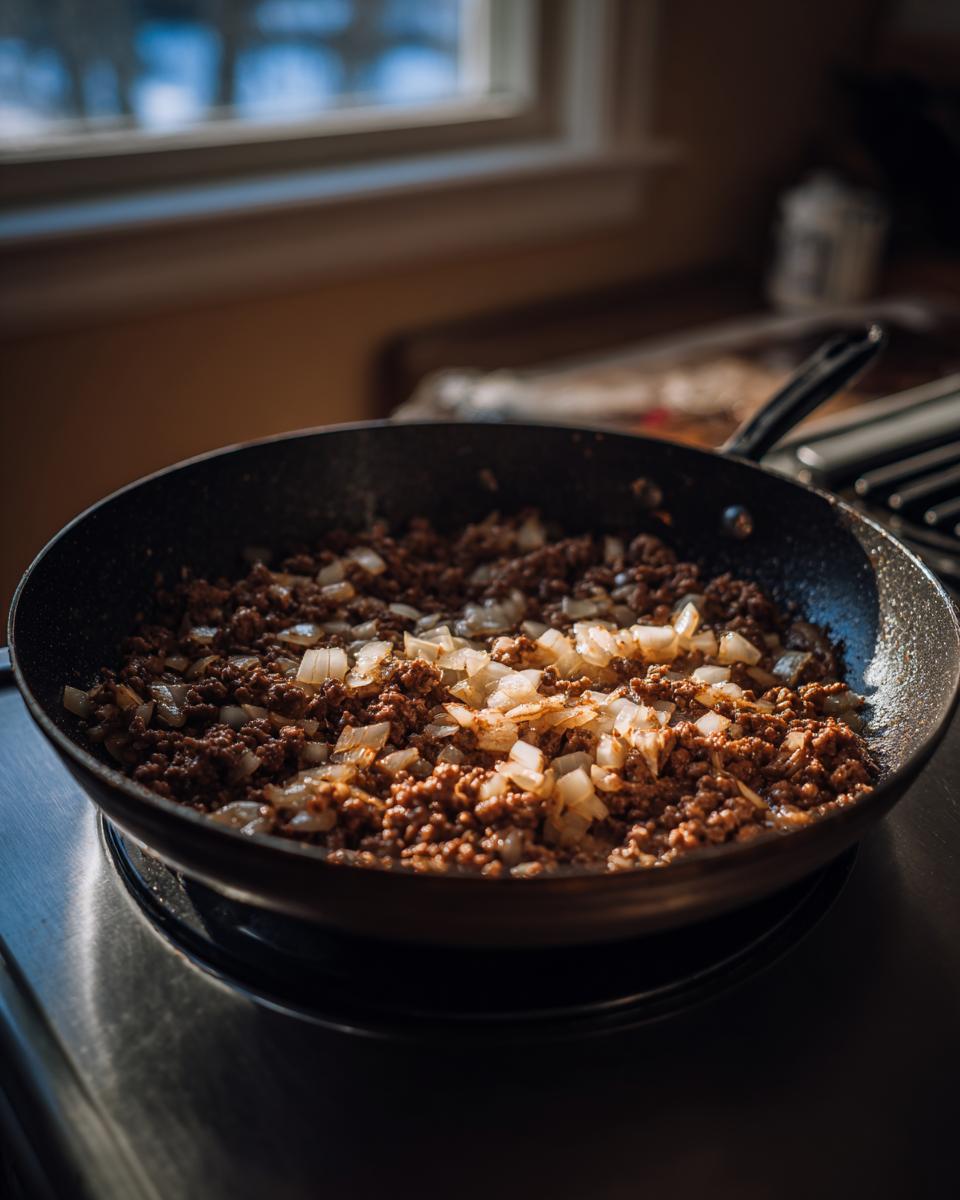 Ground beef and chopped onions browning in a skillet, a key step for cheesy cheeseburger pockets.