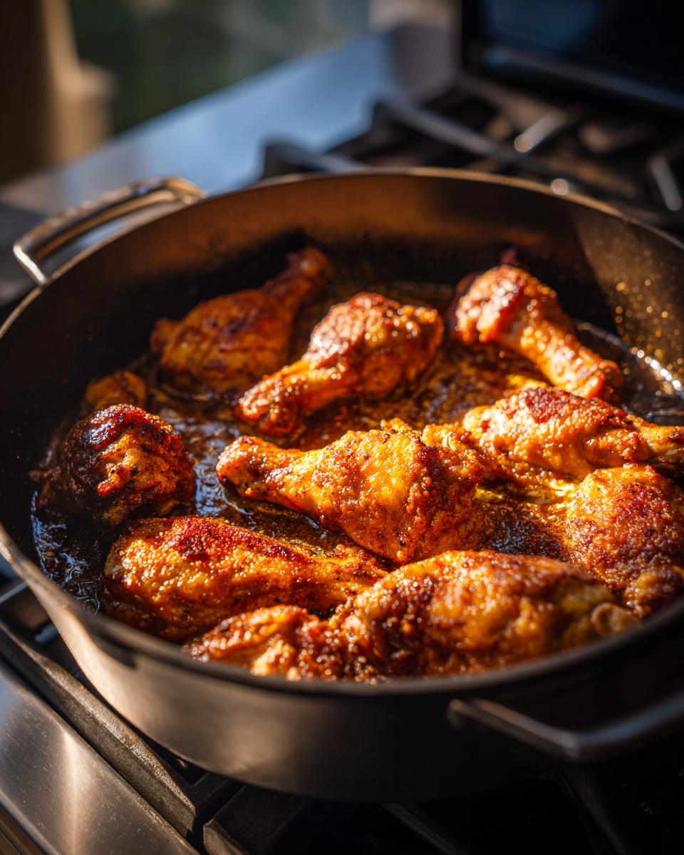 Close-up of seasoned chicken drumsticks browning in a dark skillet, part of making brown stew chicken.