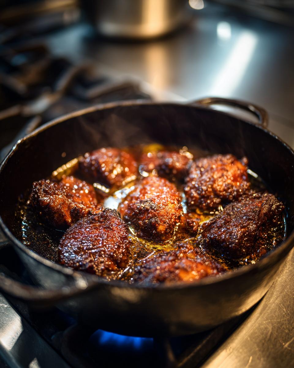 Pieces of richly browned chicken searing in oil in a cast iron skillet while making authentic Jamaican brown stew chicken.