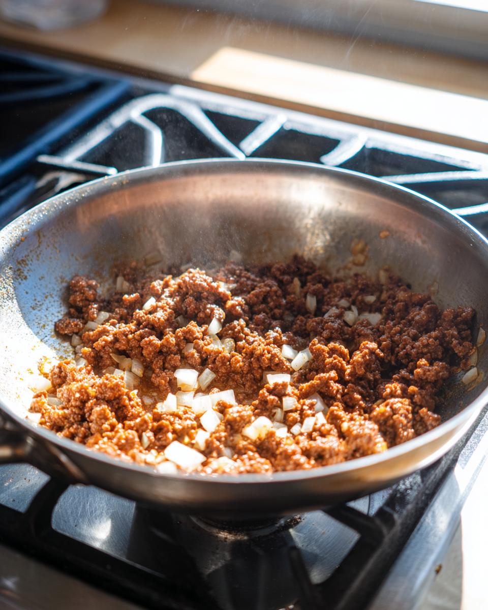 Ground meat and diced onions cooking in a stainless steel skillet for cheeseburger pockets filling.