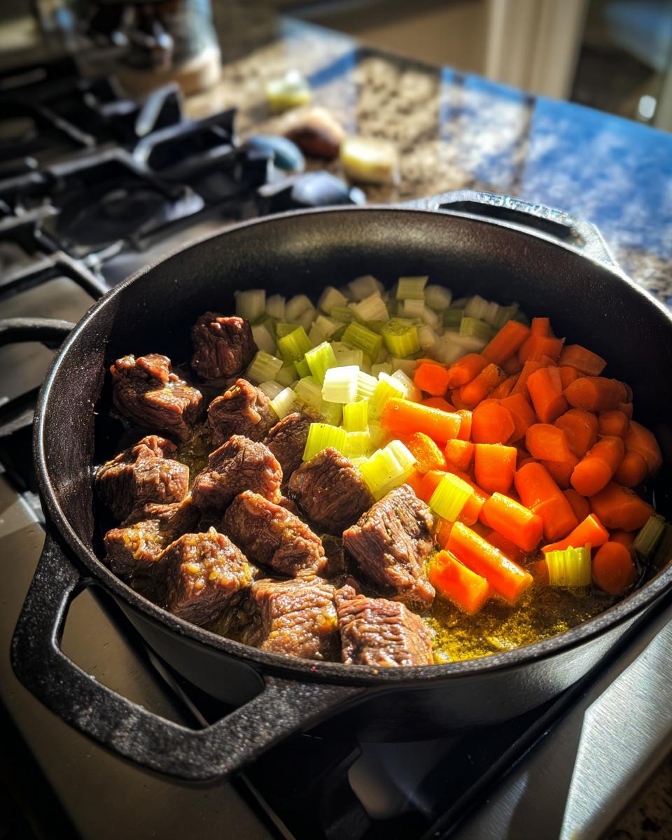 Browning stew meat alongside chopped carrots and celery in a cast iron pot for vegetable soup with stew meat.
