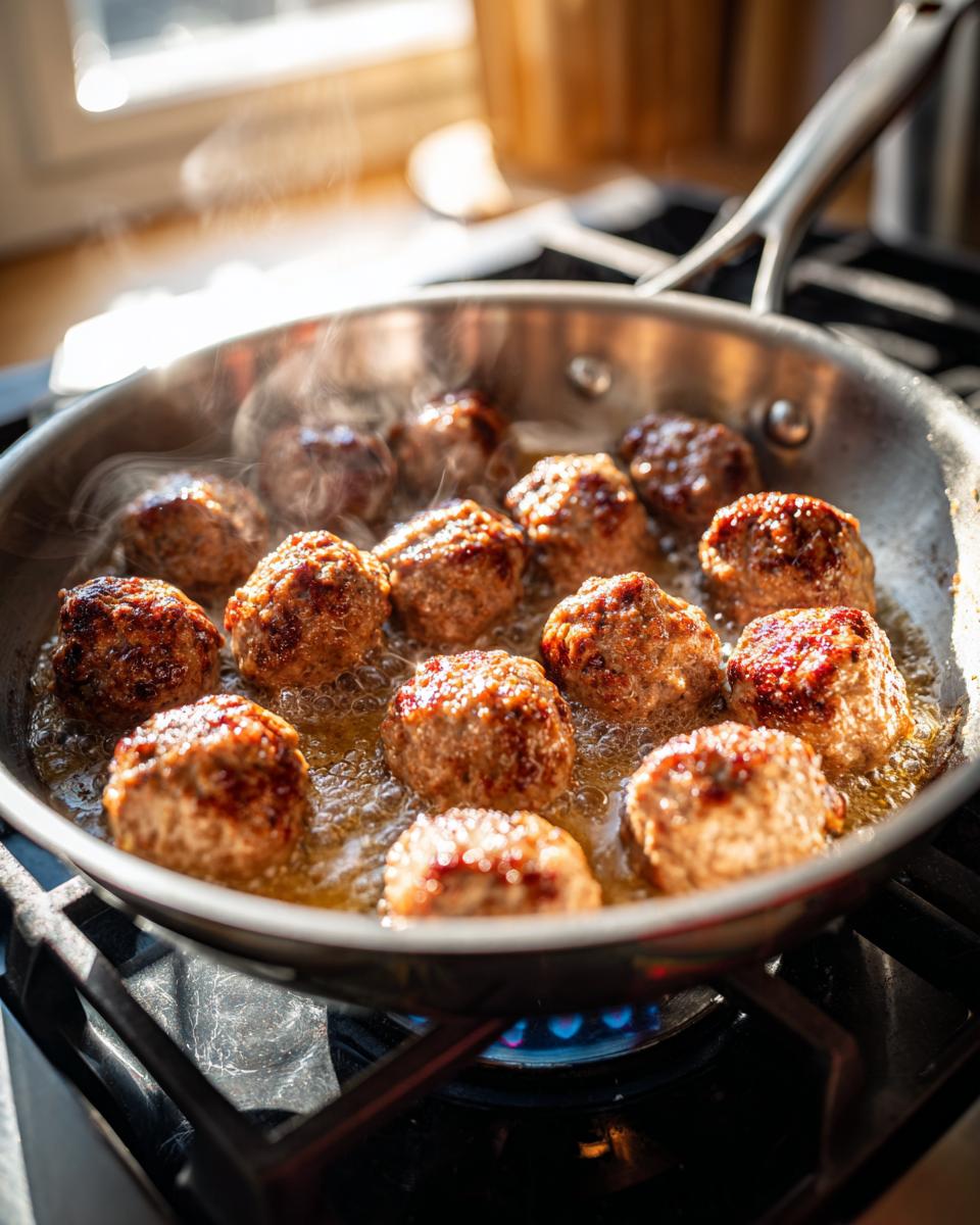Close-up of several browned swedish meatballs sizzling in hot oil in a stainless steel pan on a gas stove.