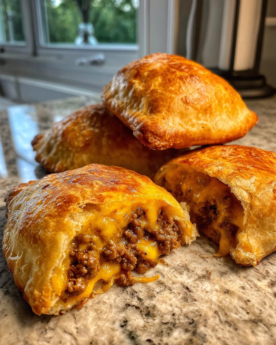 Close-up of golden brown cheeseburger pockets biscuits, one cut open revealing savory ground beef and melted cheddar cheese.