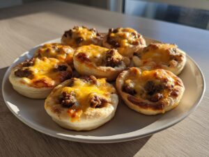A plate holding several golden-brown cheeseburger pockets biscuits topped with savory ground beef and melted cheddar cheese.