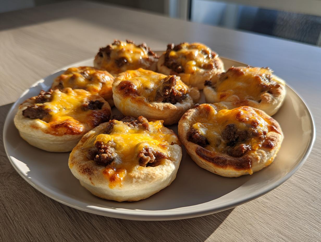 A plate holding several golden-brown cheeseburger pockets biscuits topped with savory ground beef and melted cheddar cheese.