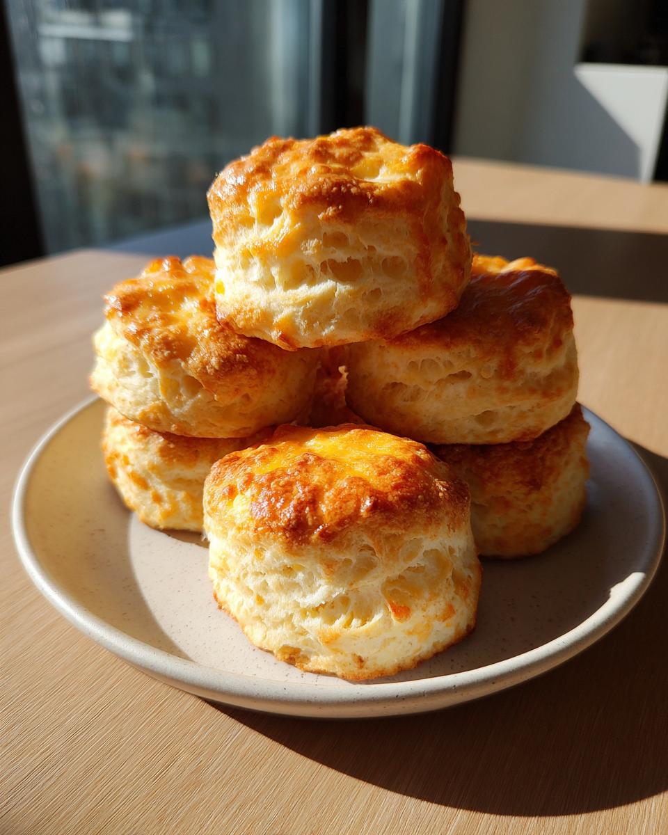 A stack of fluffy, golden-brown cheeseburger pockets biscuits piled on a light-colored plate.