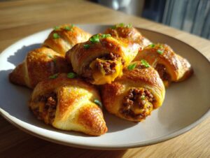 A pile of golden brown cheeseburger pockets crescent rolls filled with seasoned meat and melted cheese, garnished with green onions.