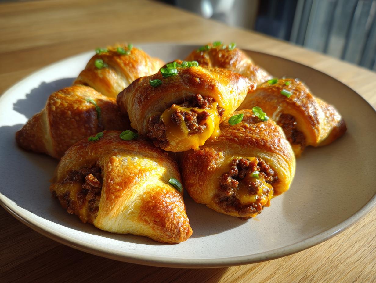 A pile of golden brown cheeseburger pockets crescent rolls filled with seasoned meat and melted cheese, garnished with green onions.