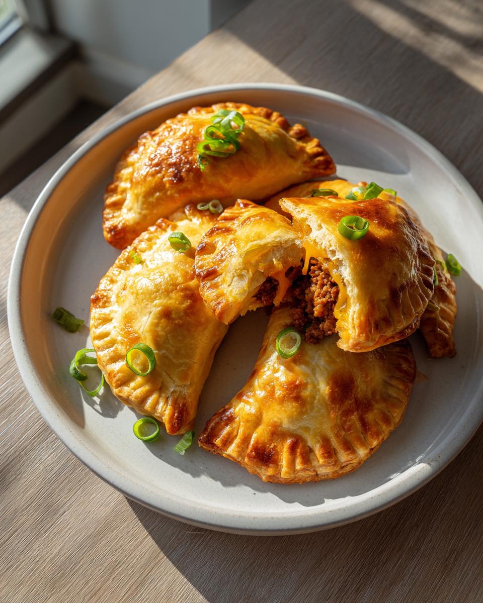 Four golden-brown cheeseburger pockets crescent rolls on a plate, one is broken open showing the ground beef filling.