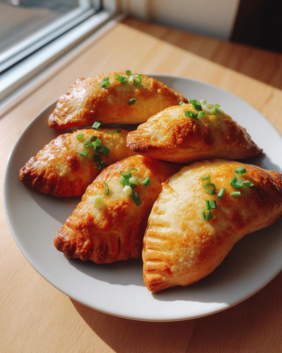 Five golden brown cheeseburger pockets crescent rolls garnished with chopped green onions on a white plate.