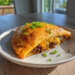 A golden-brown cheeseburger pockets crescent rolls half, showing melted cheese and seasoned ground beef filling, topped with chives.