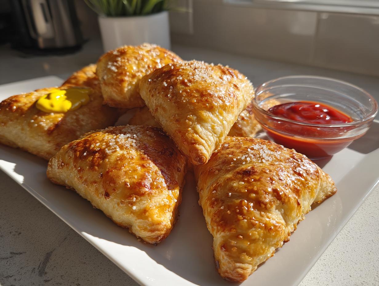 A plate of golden brown, flaky cheeseburger pockets sprinkled with sugar, served with ketchup and mustard.
