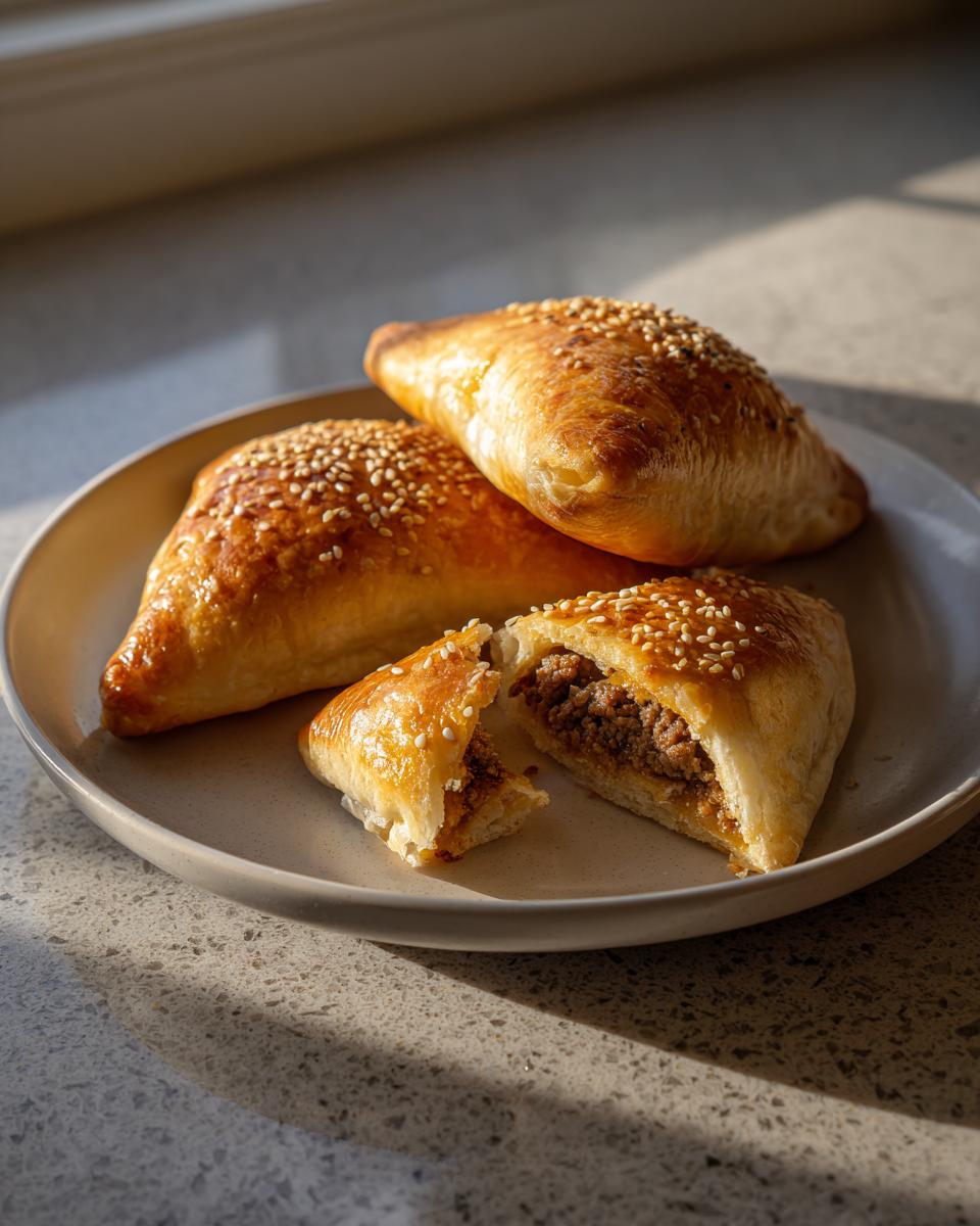 Three golden baked cheesy cheeseburger pockets, one cut open to show the savory filling.