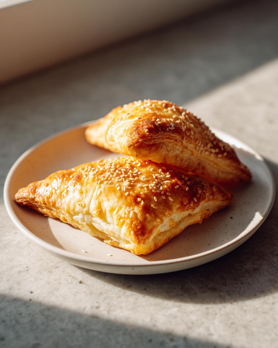 Two golden brown, flaky cheesy cheeseburger pockets topped with sesame seeds on a light plate.