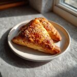 Two golden brown, triangular cheesy cheeseburger pockets topped with sesame seeds resting on a light plate.