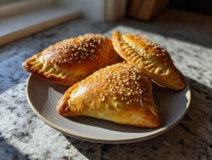 Three golden-brown cheesy cheeseburger pockets topped with sesame seeds on a plate.