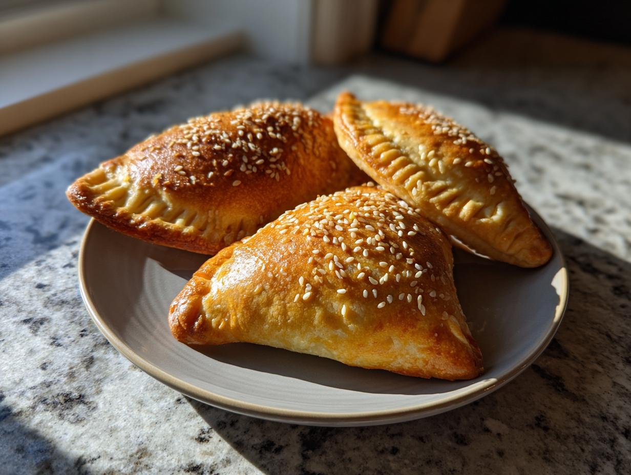 Three golden-brown cheesy cheeseburger pockets topped with sesame seeds on a plate.
