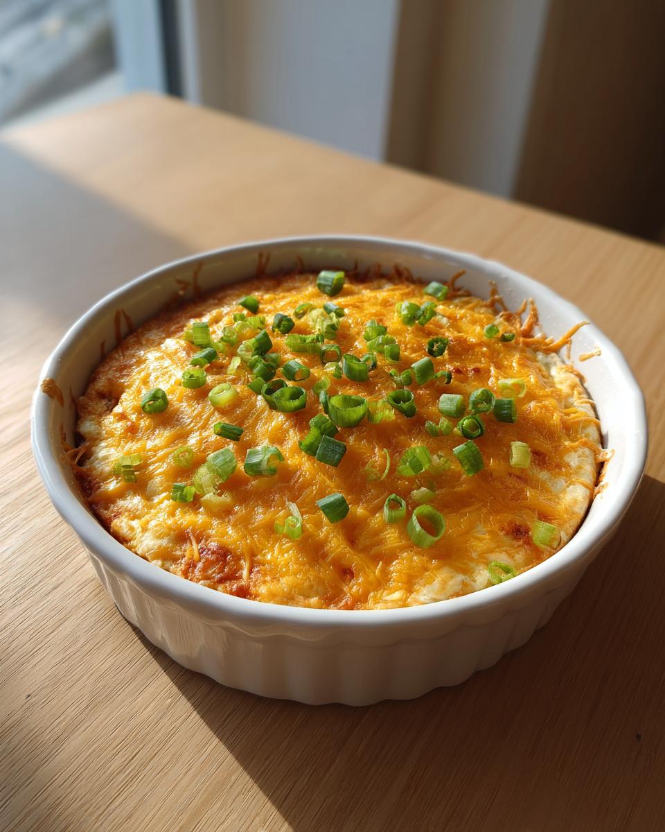 A baked chili cream cheese dip topped with melted cheddar and fresh green onions in a white dish.