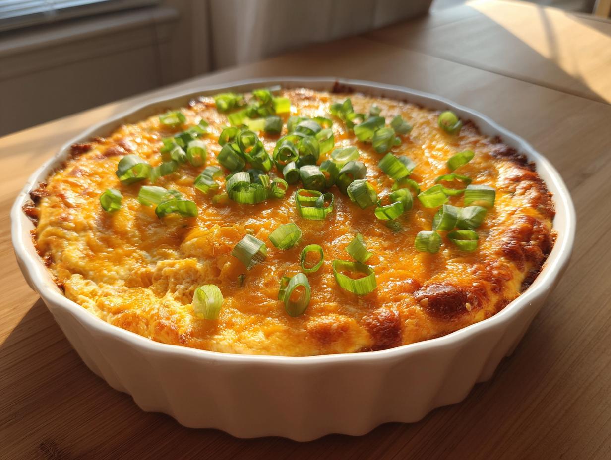 Close-up of hot chili cream cheese dip baked in a white dish, topped with melted cheddar and fresh green onions.