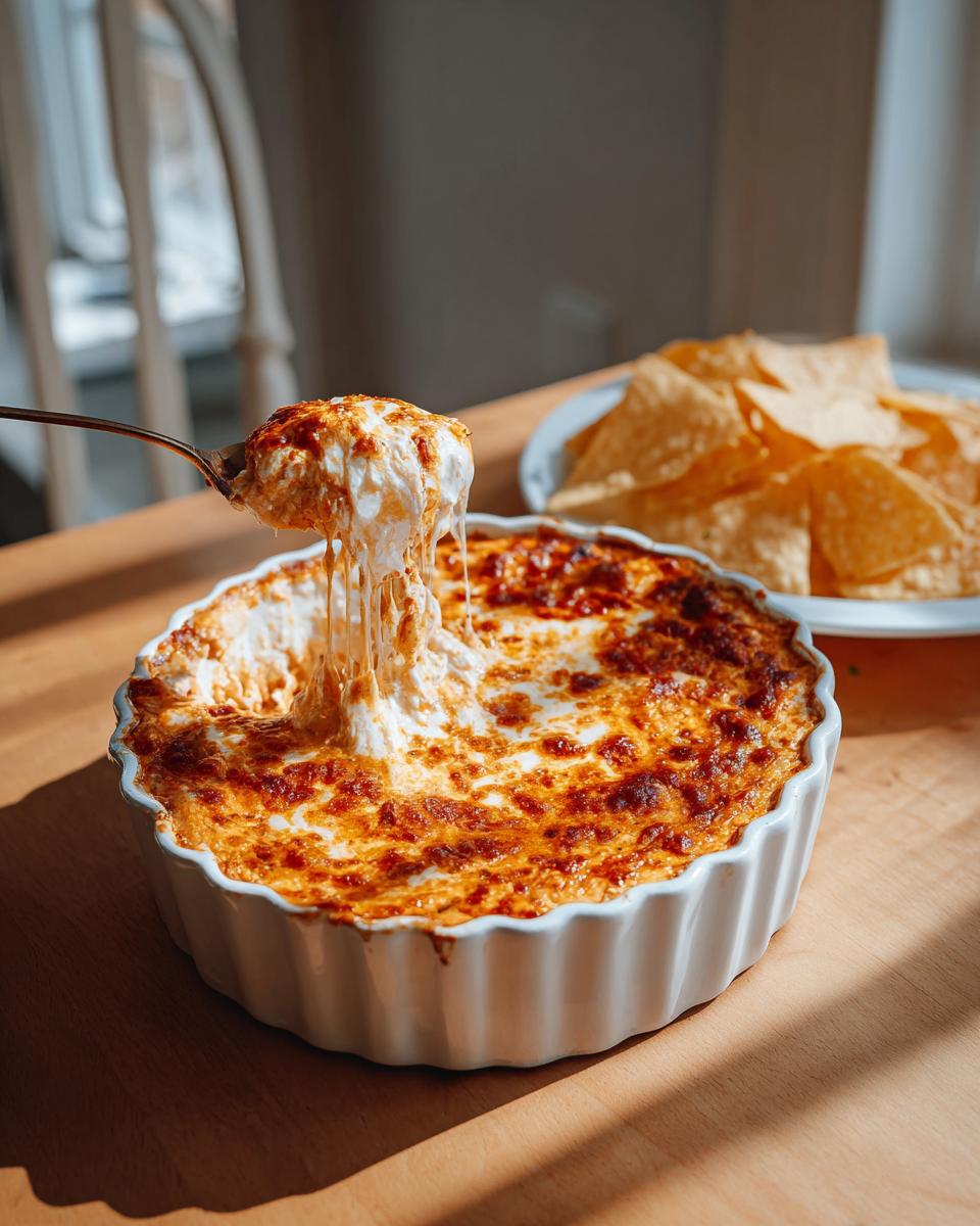 A spoonful of hot, cheesy chili cream cheese dip is pulled from a white baking dish, showing long cheese strings.