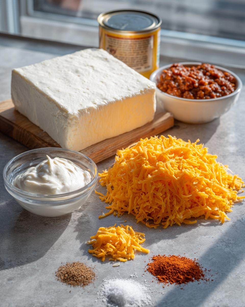 Ingredients laid out for chili cream cheese dip: cream cheese block, shredded cheddar, sour cream, chili, and spices.