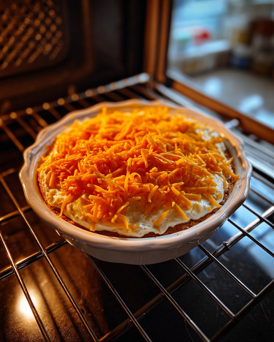 Unbaked chili cream cheese dip topped generously with shredded cheddar cheese in a white dish inside an oven.