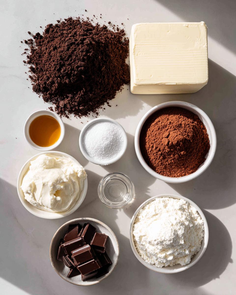 Overhead view of ingredients for chocolate cheesecake, including cream cheese, cocoa powder, butter, and chocolate chunks.