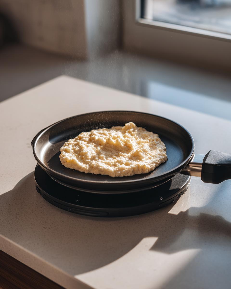 Raw keto cottage cheese waffles batter cooking in a small black pan on a light countertop.