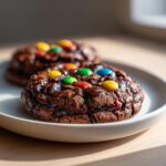Two rich, dark chocolate cosmic brownie cookies topped with colorful candies and melted chocolate drizzle.
