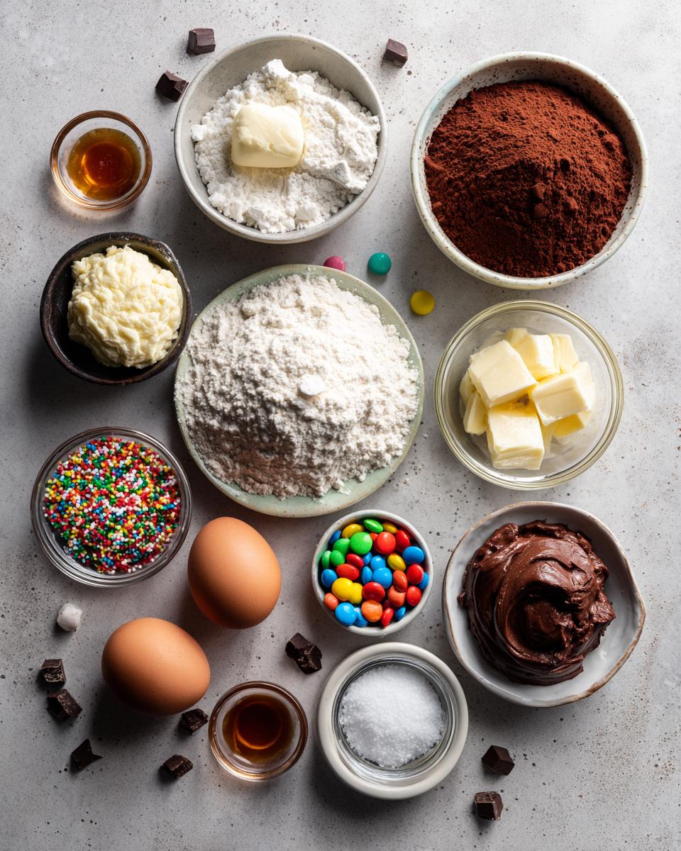 Overhead view of ingredients for cosmic brownie cookies recipe, including flour, cocoa powder, butter, eggs, and colorful candies.