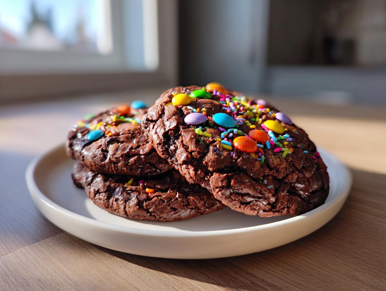 A stack of rich, dark chocolate cosmic brownie cookies topped with colorful candy-coated chocolates and sprinkles.