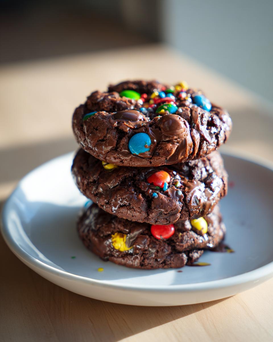 Three stacked, rich chocolate cosmic brownie cookies topped with colorful candy-coated chocolates.