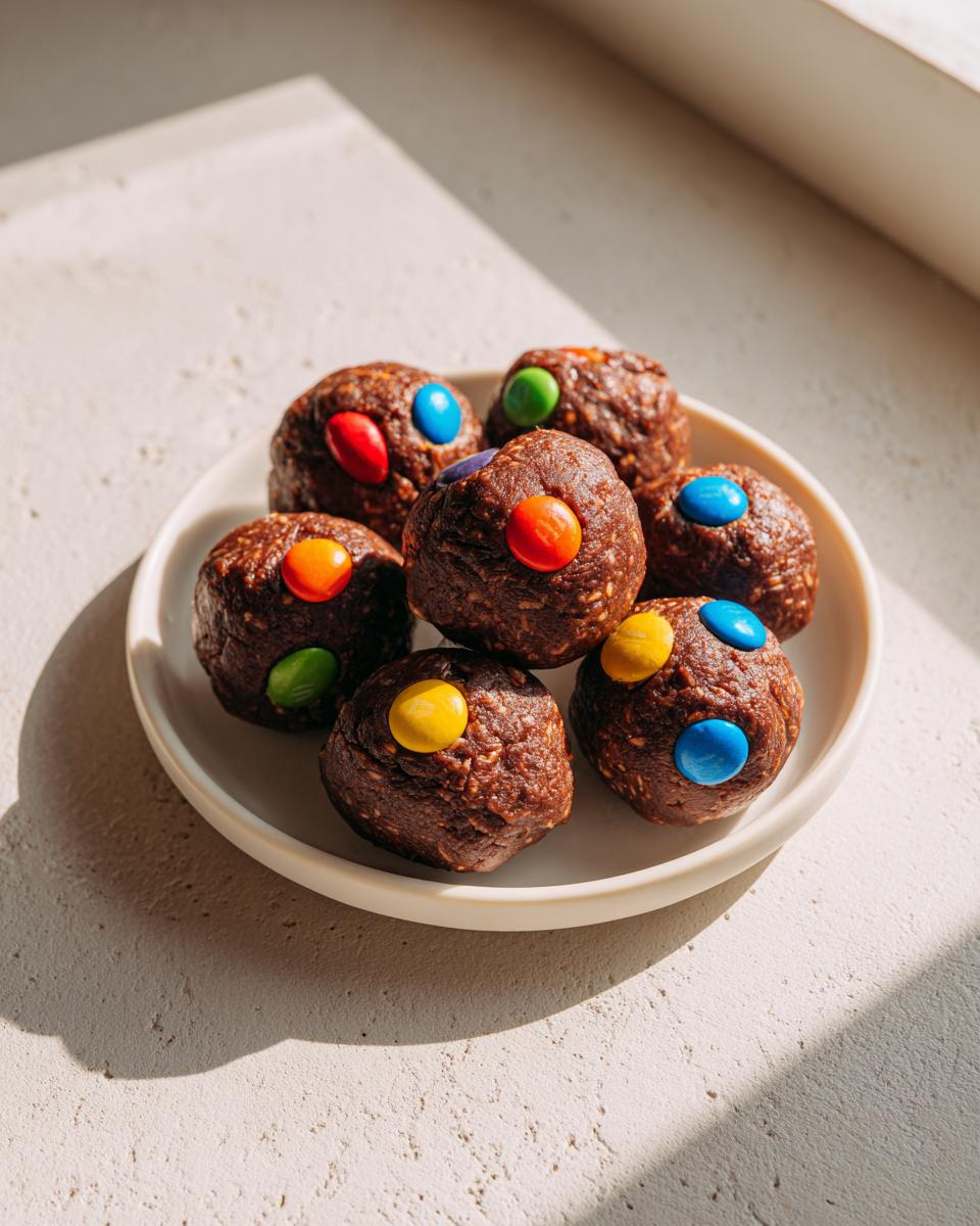 Close-up of several cosmic brownie protein bites topped with colorful candy pieces on a white plate.