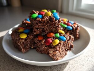 Four square cosmic brownie protein bites stacked on a white plate, topped with colorful candy-coated chocolates.