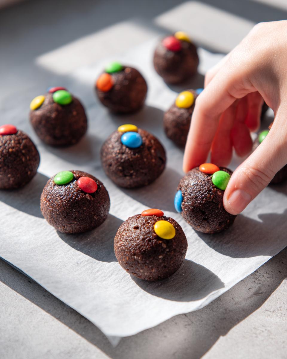 A hand placing a colorful candy-topped cosmic brownie protein bite onto parchment paper next to several others.