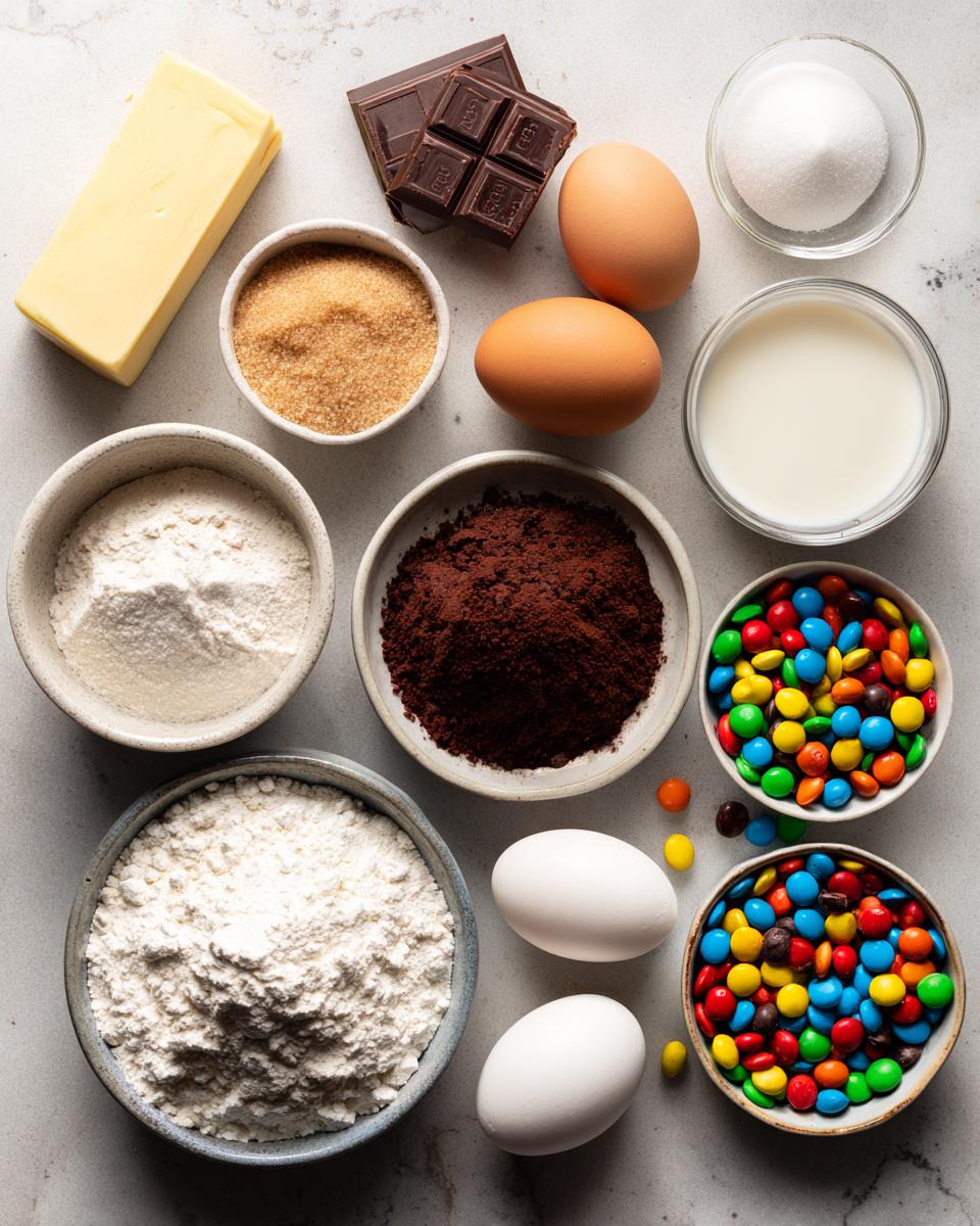 Overhead view of ingredients for cosmic brownies, including flour, cocoa powder, butter, eggs, sugar, milk, and colorful candy-coated chocolates.