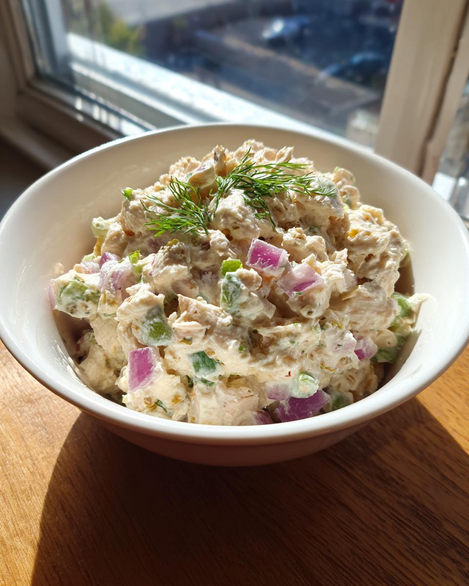 A white bowl filled with creamy cottage cheese chicken salad mixed with red onion and celery, garnished with fresh dill.