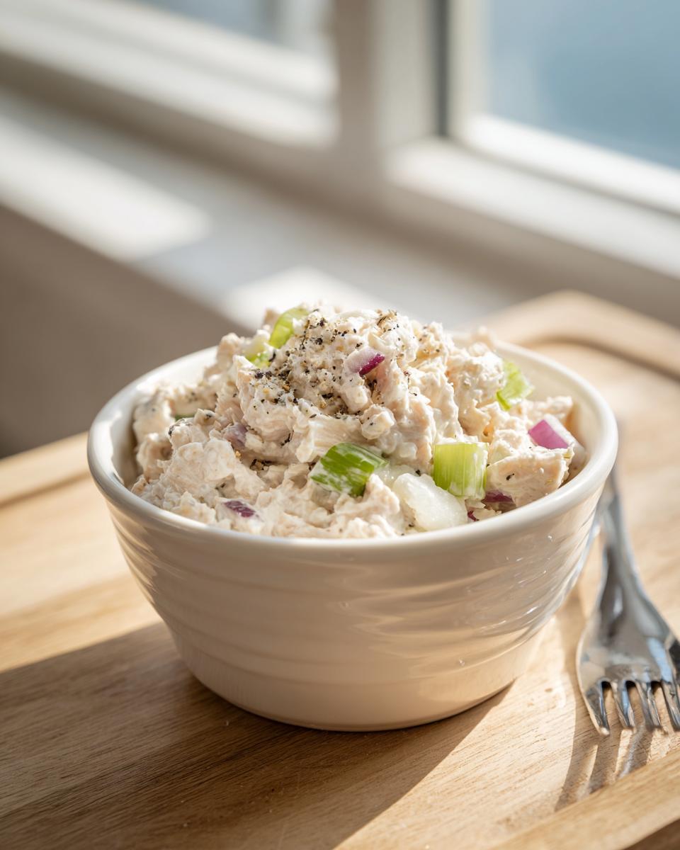 A white bowl filled with creamy cottage cheese chicken salad, topped with black pepper, celery, and red onion.