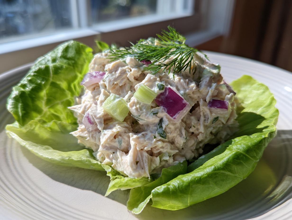 A scoop of creamy cottage cheese chicken salad mixed with red onion and celery, served in a crisp lettuce cup.