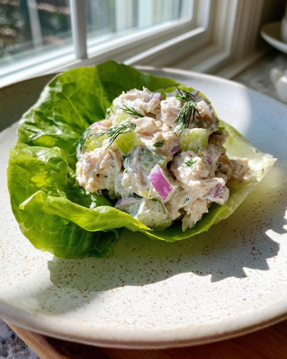 Close-up of cottage cheese chicken salad served in a crisp butter lettuce cup, garnished with dill.