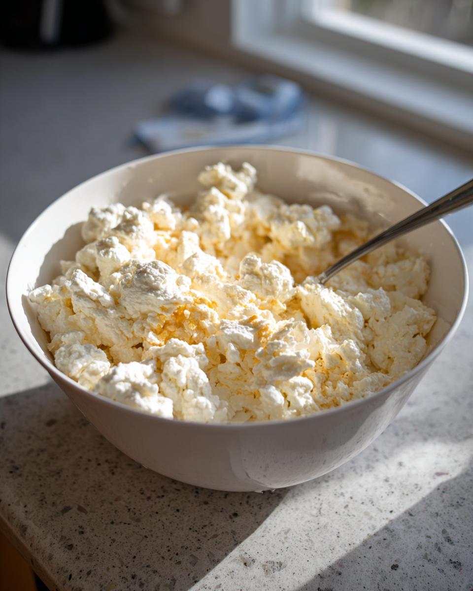 A white bowl filled with cottage cheese, a key ingredient for keto jalapeno popper chicken salad.