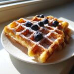 Golden brown cottage cheese waffles topped with fresh blueberries and powdered sugar.